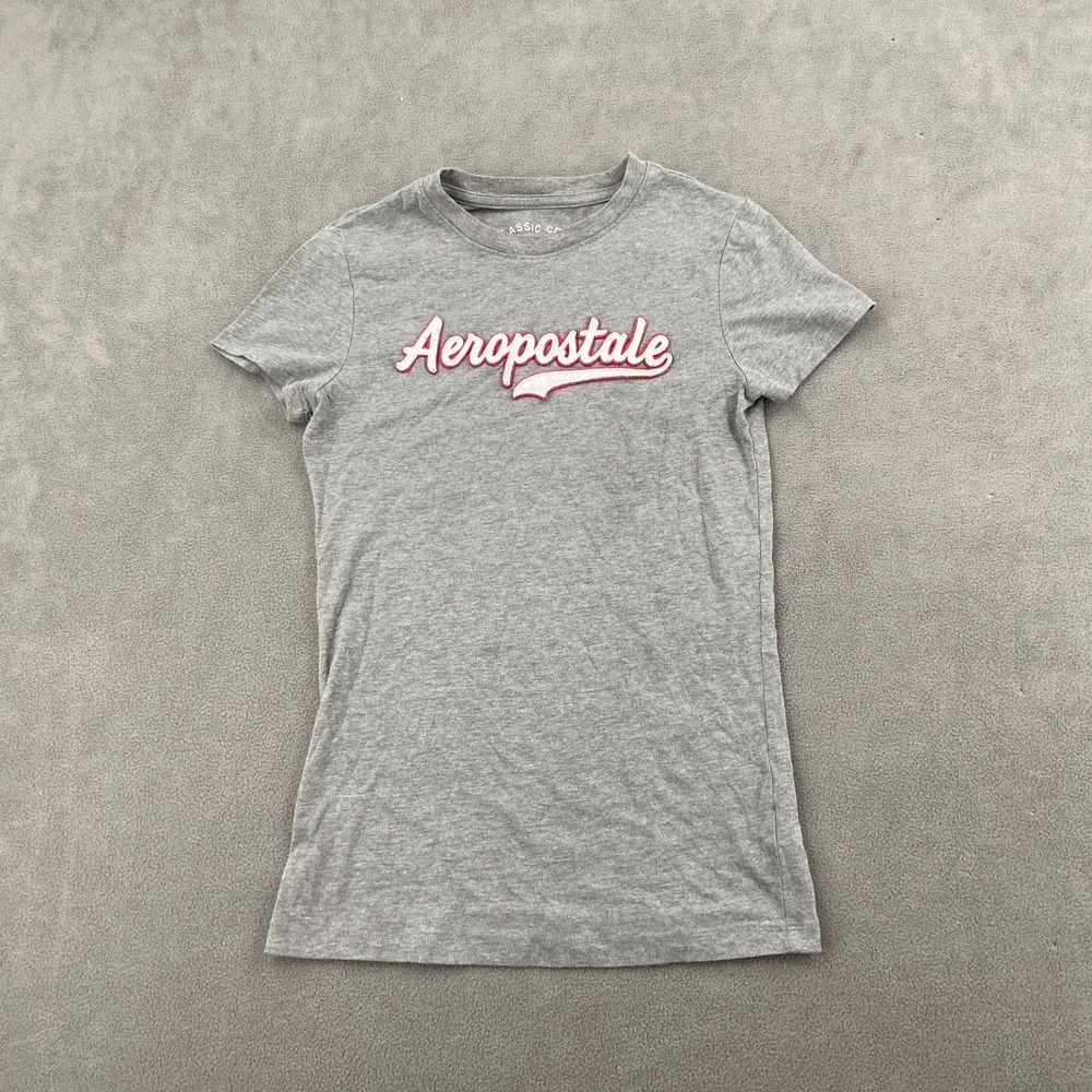 Y2K Aéropostale Babydoll T Shirt Sz Small Heather Gray Script Logo Classic Fit‎